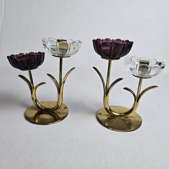 Ystad Metall Other - MCM Swedish Gunnar Ander Ystad Metall Brass Art Glass Flower Candle Holders Pair